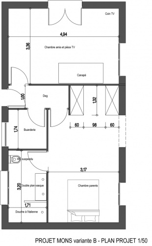 Ramnagement intrieur maison- salon, chambre, salle de bains : Plan Projet B 50eme