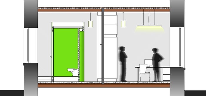 R�novation d'un local professionnel : Coupe AA, avec l'espace de travail sur la droite