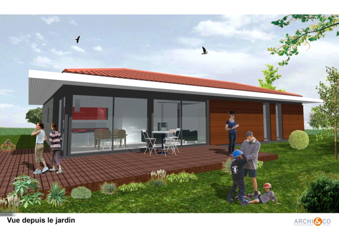 Maison contemporaine ossature bois de plain pied : perspective