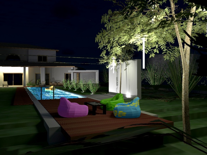 Piscine & paysage : plage avec clairage suspendu